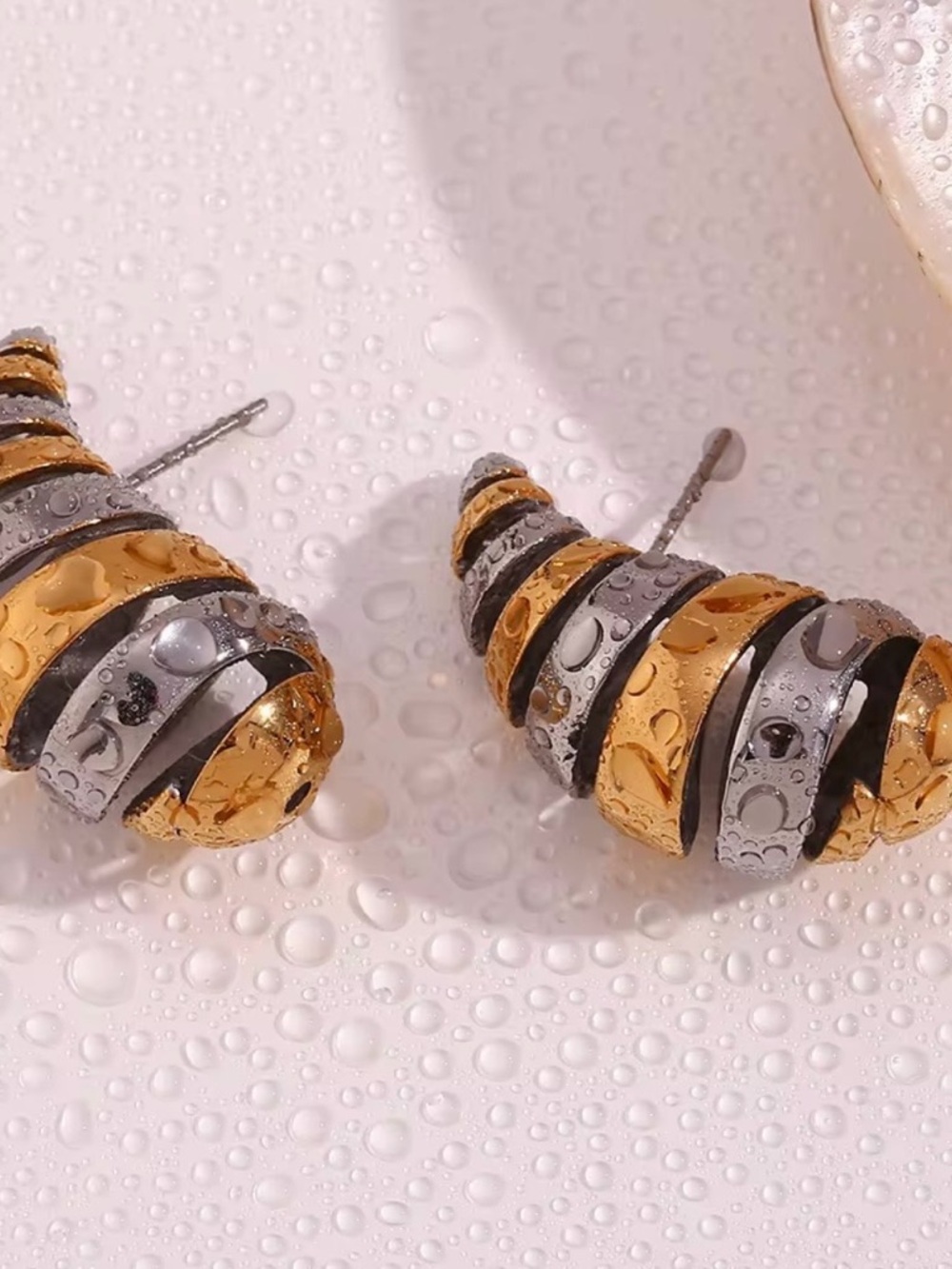Two-Tone Gold & Silver Spiral Cone Drop Earrings Stainless Steel, Waterproof